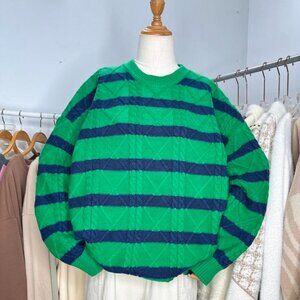 Cozy Green Navy Striped Crew Neck Sweater
